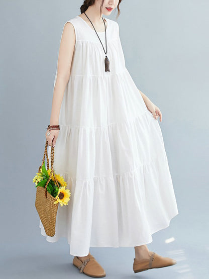 Simple Casual Loose Artistic Retro Pleated Solid Color Midi Dress