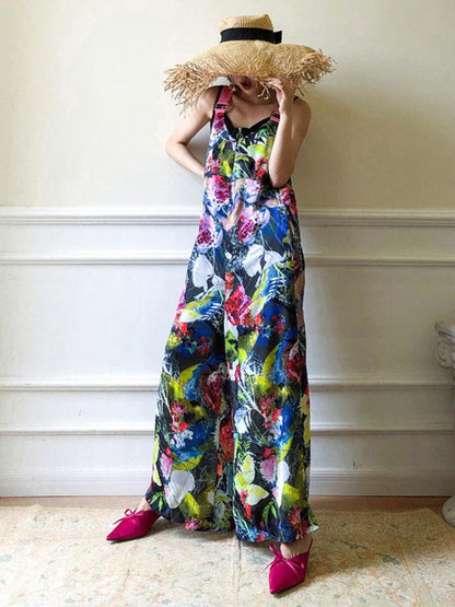 Retro Flower Printed V-neck Jumpsuit