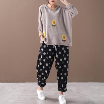 Buykud Casual Floral Printed Loose Knitted Hoodie