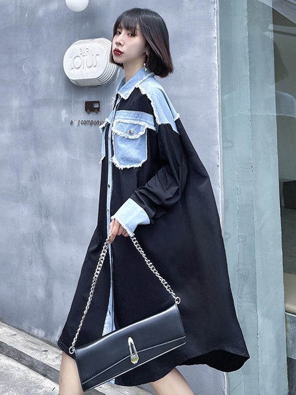 Original Stylish Loose Denim Split-Joint With Pocket Buttoned Lapel Collar Long Sleeves Midi Shirt Dress