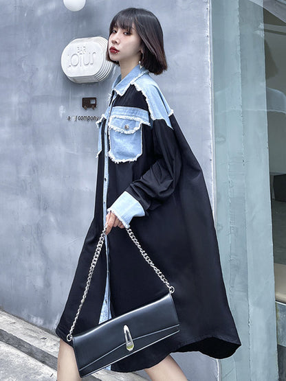 Original Stylish Loose Denim Split-Joint With Pocket Buttoned Lapel Collar Long Sleeves Midi Shirt Dress
