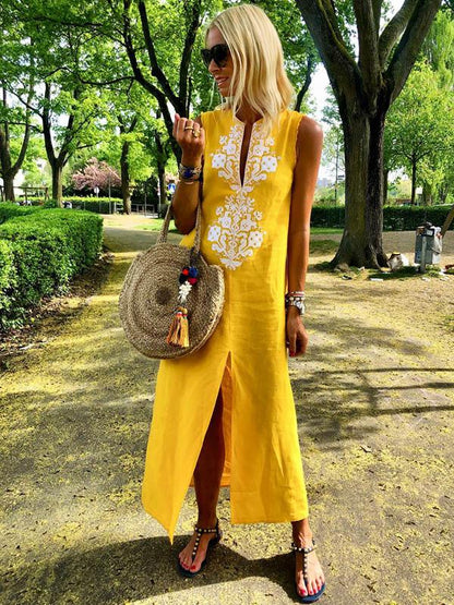 V-neck Sleeveless Split-front Maxi Dress