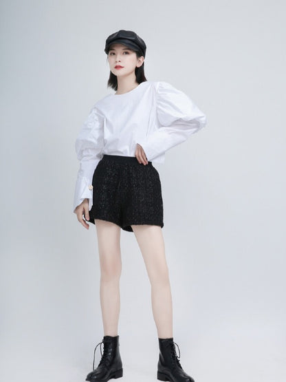 White Puff Sleeve Round Neck Shirt