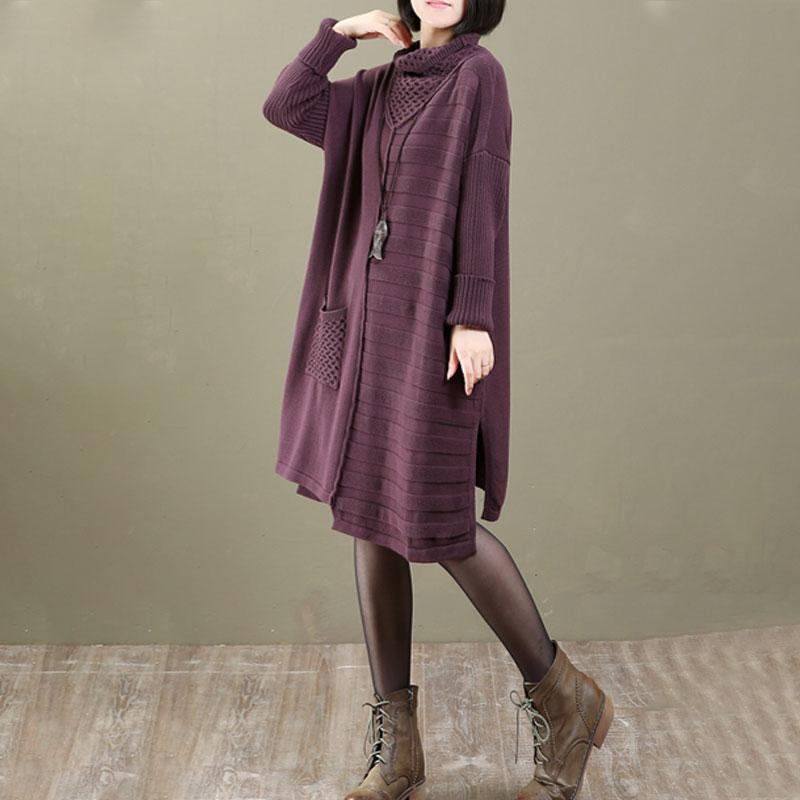 Women Fall Winter Long Sleeve Irregular Purple Sweater Dress