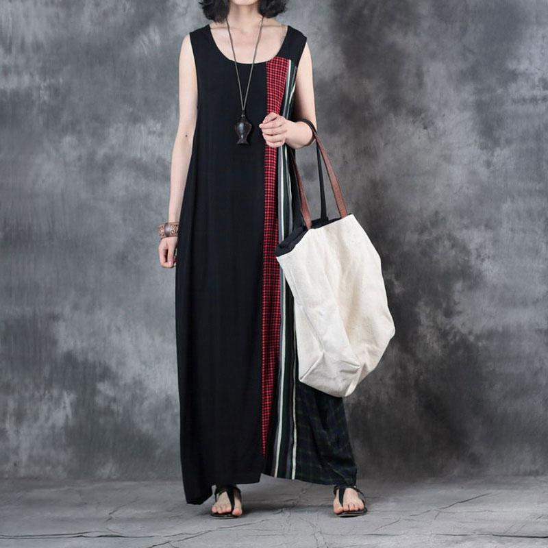 Sleeveless Dresses Stripe Splicing Round Neck Summer Dress