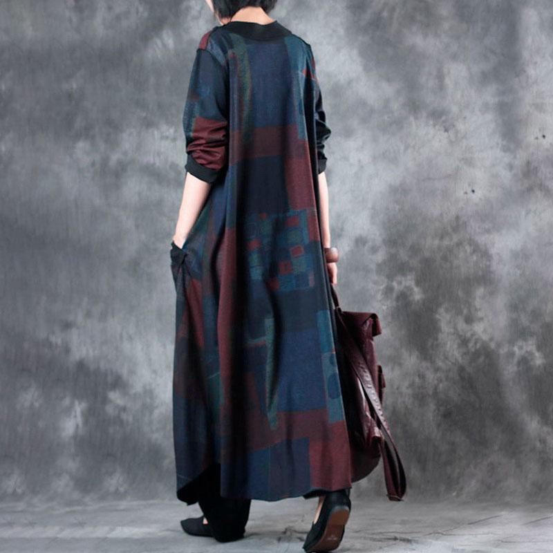 V Neck Single Breasted Retrpo Printing Long Sleeves Dark Blue Women Dress