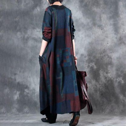 V Neck Single Breasted Retrpo Printing Long Sleeves Dark Blue Women Dress