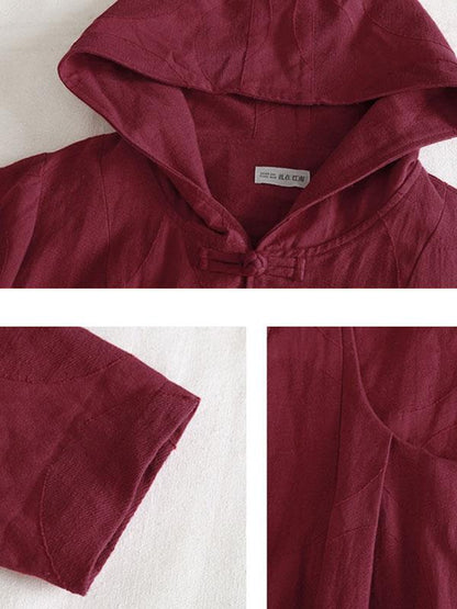 Retro Ethnic Frogs Long Sleeves Wine Red Autumn Winter Women Hoody Coat