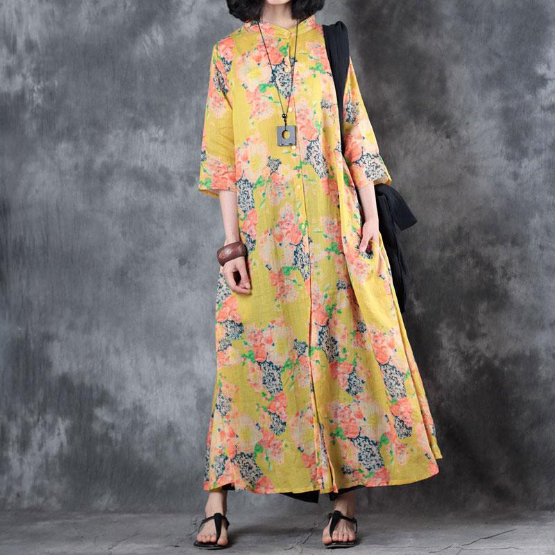 Stand Collar Printed Ramie Single Breasted Women Dress