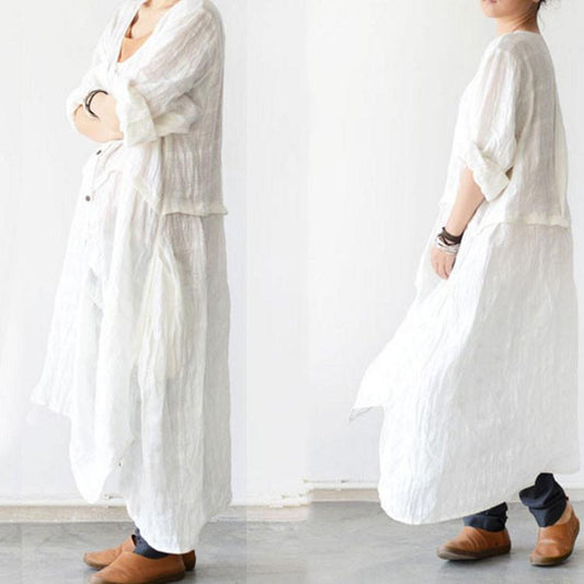 Long Sleeve Linen Flouncing Dress