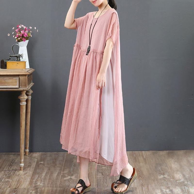 Round Neck Casual Summer Short Sleeve Pink Loose Dress