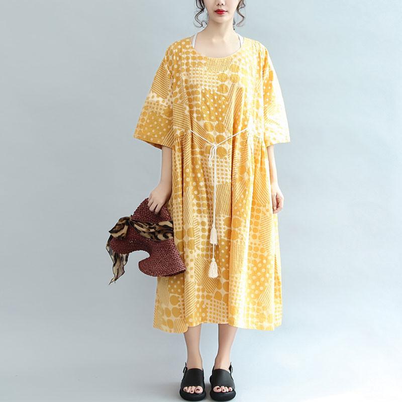 Round Neck Printing Lacing Summer Women Yellow Dress