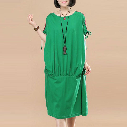 Women Loose Casual Summer Cotton Green Dress