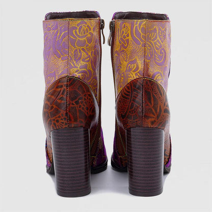 Retro Vintage Printed Leather Block High Heels Ankle Boots