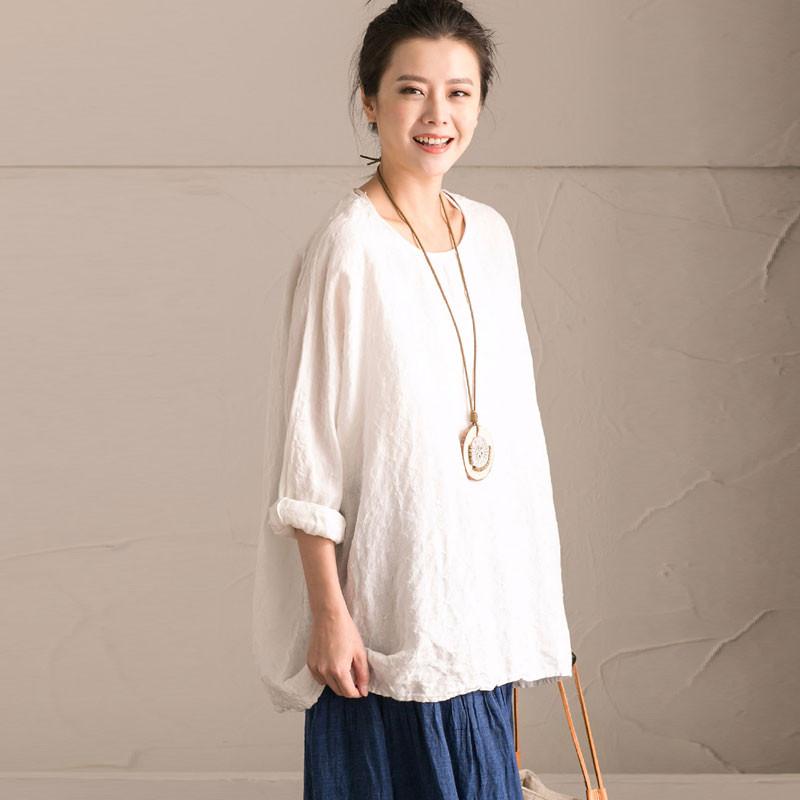 Linen Bat Sleeve Round Neck Loose White Shirt