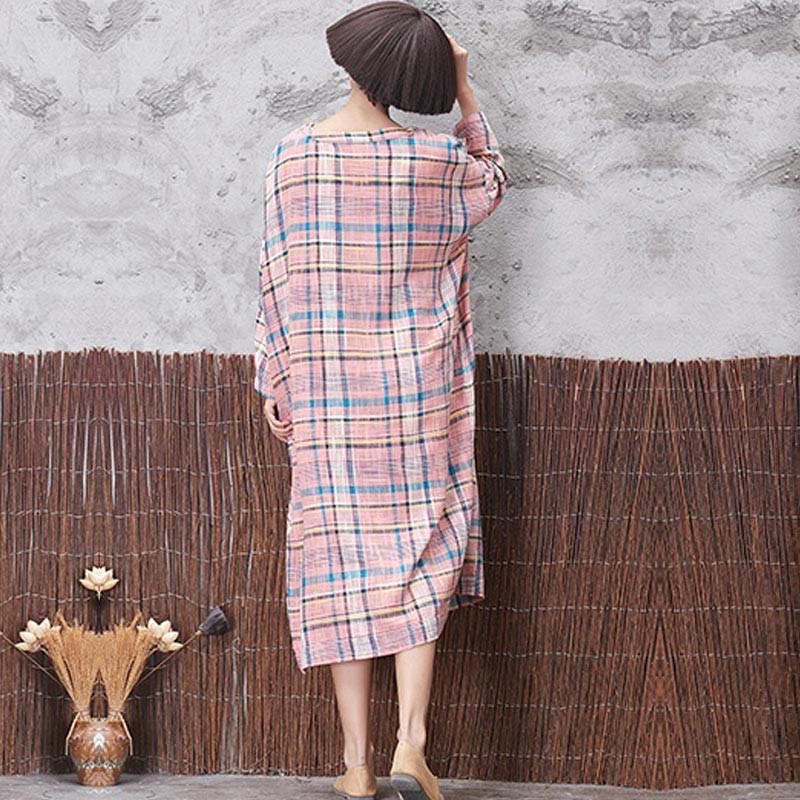 Classic Lattice Linen Loose Women Long Sleeve Pink Dress