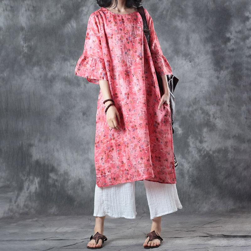 Women Round Neck 1/2 Sleeve Ramie Loose Tops