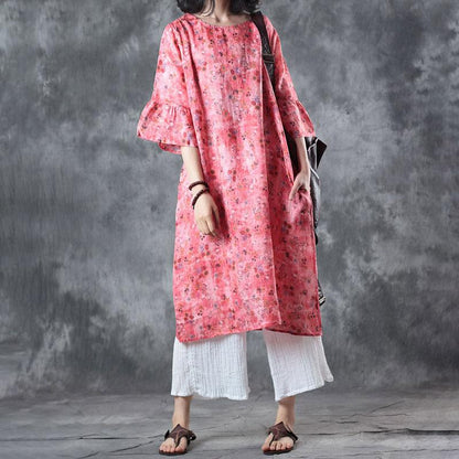 Women Round Neck 1/2 Sleeve Ramie Loose Tops