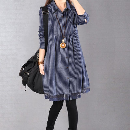 Loose Cotton Printing Lace Hem Blue Dress