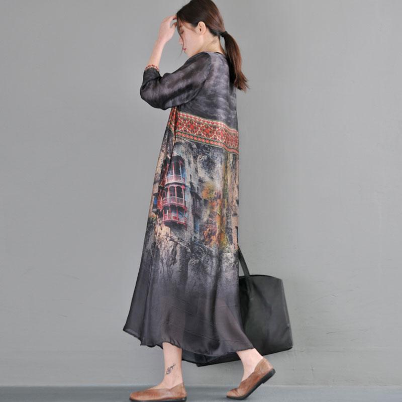 Ethnic Women Loose Round Neck Three Quarter Sleeve Dress