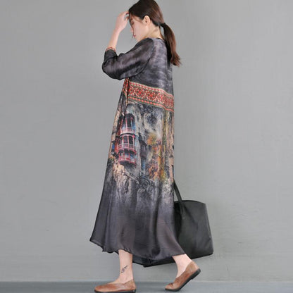 Ethnic Women Loose Round Neck Three Quarter Sleeve Dress