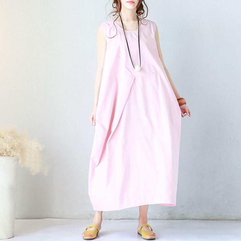 Women Summer Round Neck Cotton Loose Literature Sleeveless Pink Dress