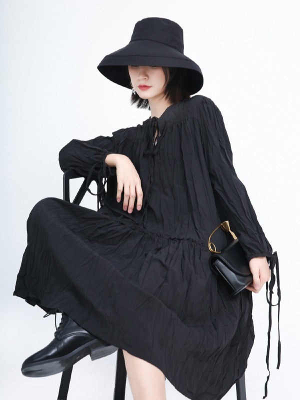 Loose Solid Pleated Lace Up Dress