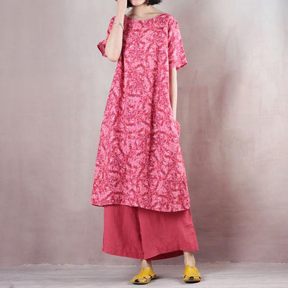 Short Sleeve Red Linen Casual Pockets Women Dress