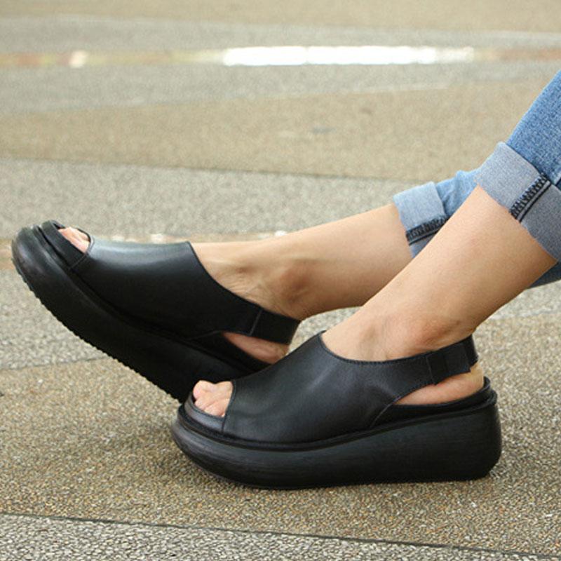 Summer Casual Cow Leather Shoes Black Wedge Heel Sandals