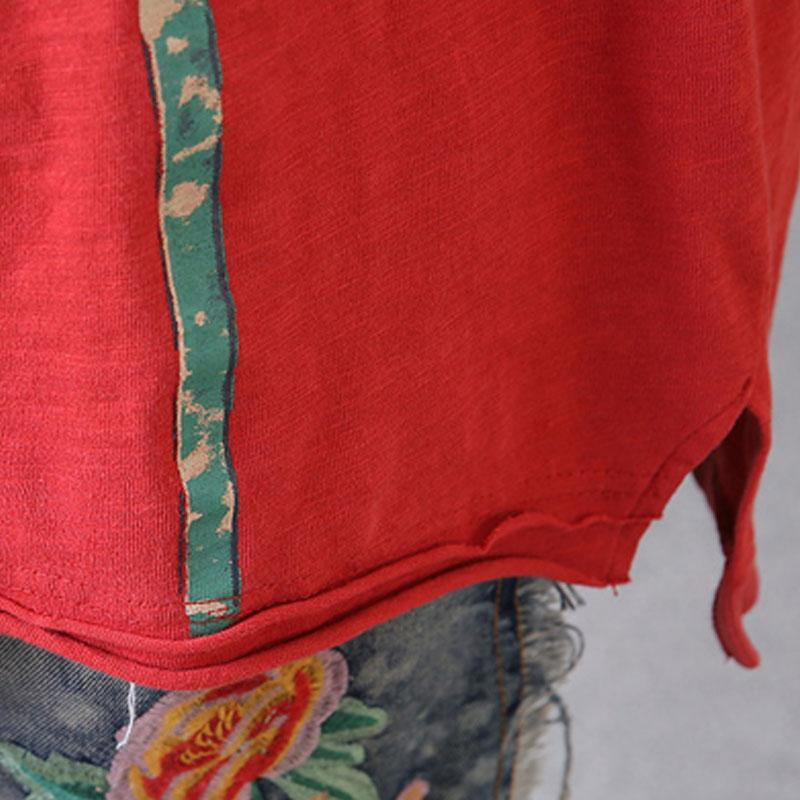 Shoulder Sleeve Loose Sunflower Printed Red Tops