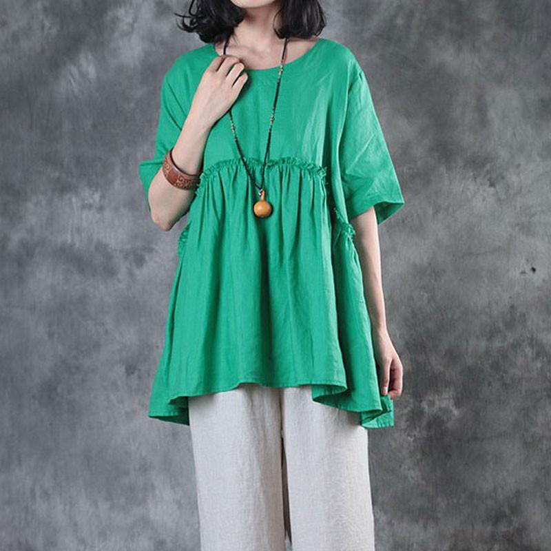 Women Splicing Pleated Short Sleeves Loose Women Green Shirt