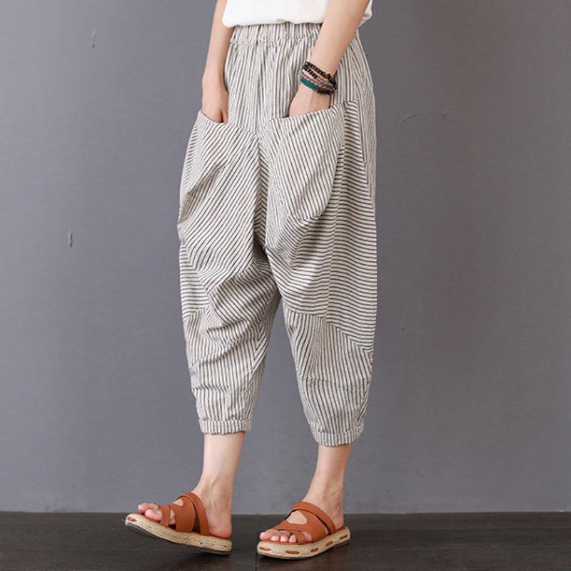 Summer Women Casual Stripe Long Beige Pants