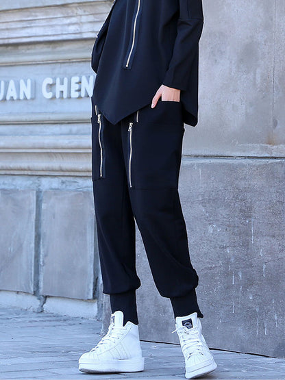 Loose Solid Pocket Zipper Overall Pants
