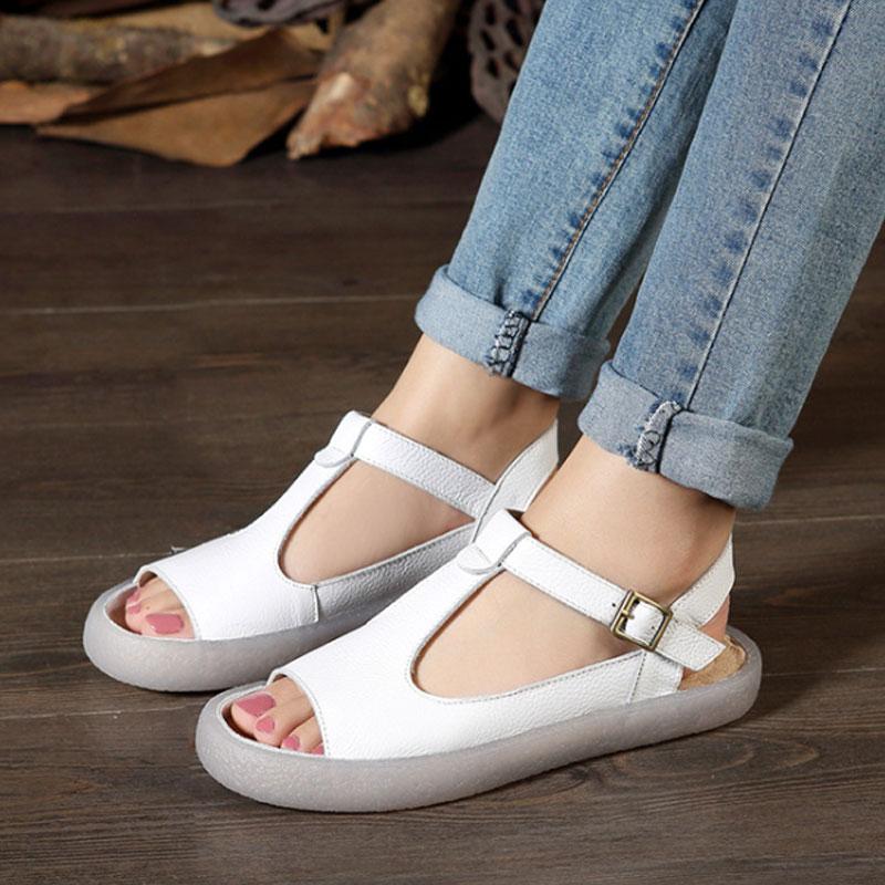 Summer Flat Heel Cow Leather Shoes Portable White Sandals
