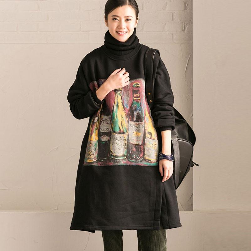 Women Cotton Casual Loose Long Sleeve Printed Black Dress