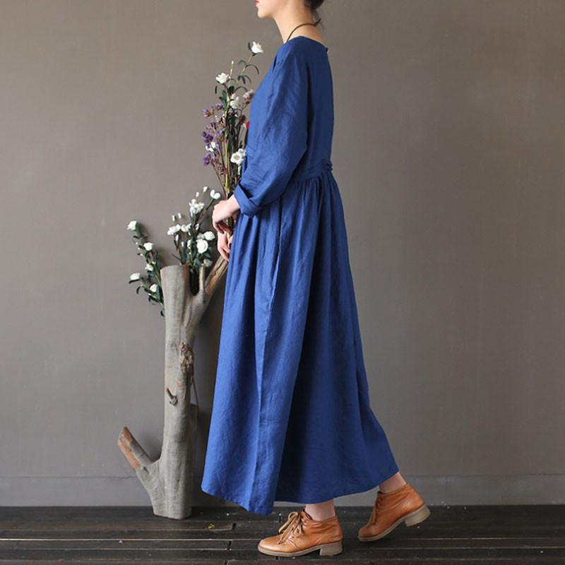 Linen Round Neck Loose High Waist Dark Blue Dress
