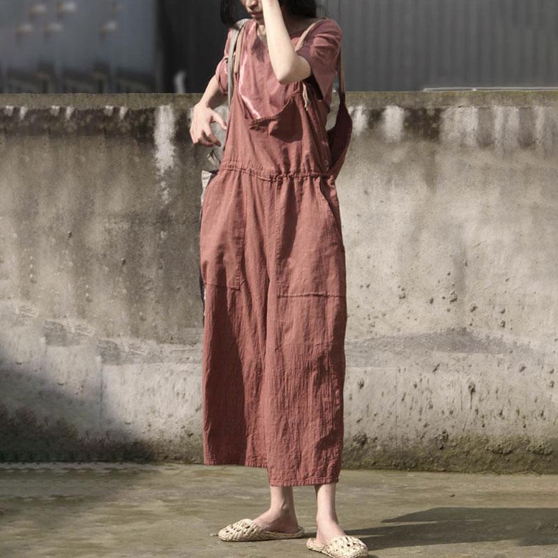 Retro Women Rompers Loose Flax Cotton Jumpsuit