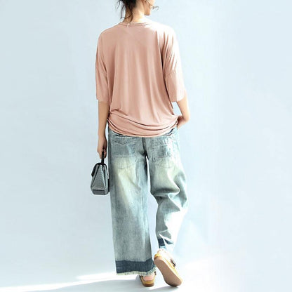 Modal Summer Women Loose Casual Plain Light Pink Shirt