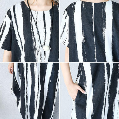 Cotton Linen Short Sleeves Black Dress