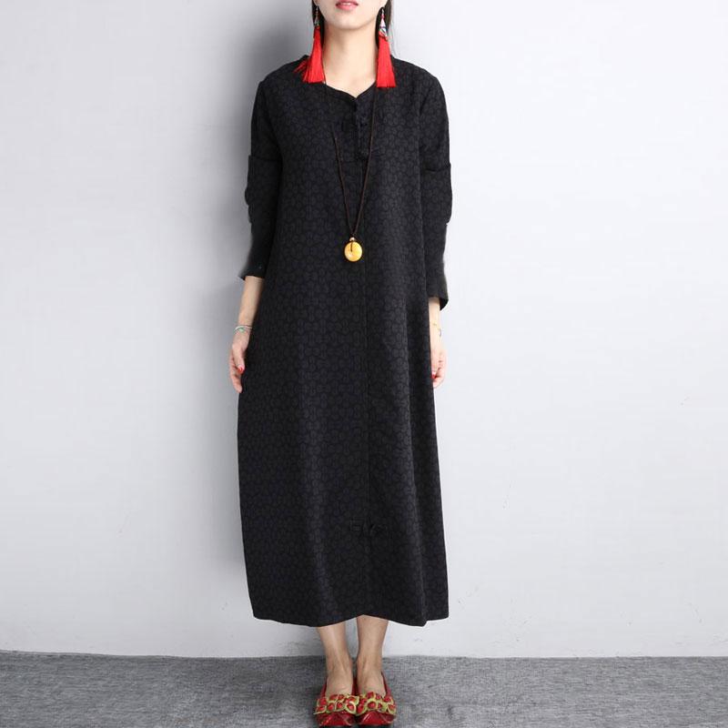 Cotton Linen Jacquard V Neck Long Sleeves Black Autumn Winter Dress For Women