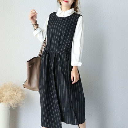 Large Size Round Neck Sleeveless Women Stripe Lacing Dress