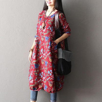 Women Print Casual Loose Cotton Dress