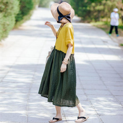 Summer Women Round Neck Short Sleeve Cotton Linen Pleated Dress