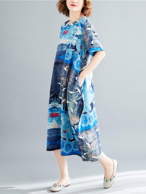Ramie Cotton Plus Size Printing Style Midi Dresses