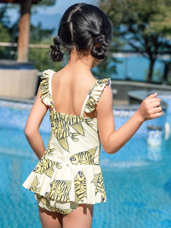 AONIHUA Fish Printed Lovely Ruffled Dress Swimwear