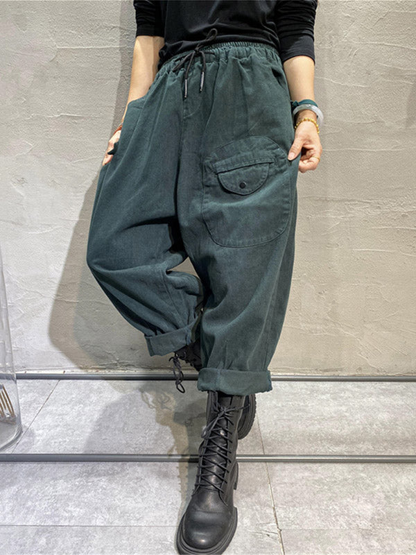 Casual Solid Color With Pockets Drawstring Harem Pants