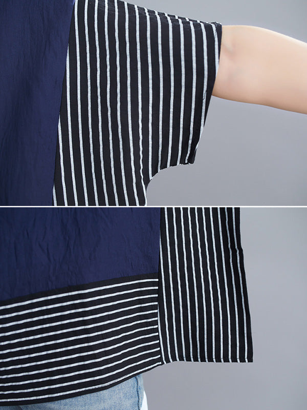 Vintage Ramie Cotton Striped Split-Joint Batwing Sleeves Round-Neck T-Shirt