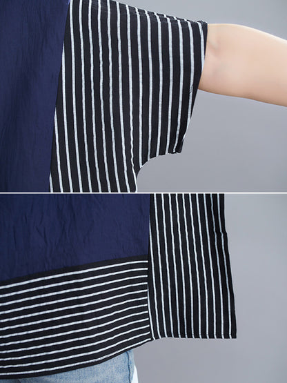 Vintage Ramie Cotton Striped Split-Joint Batwing Sleeves Round-Neck T-Shirt