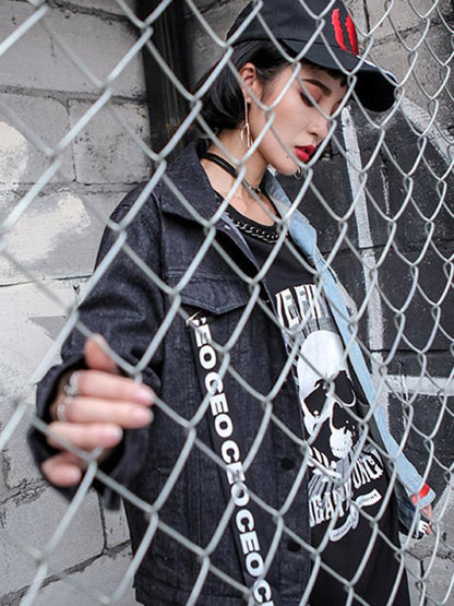 Hip-hop Printed Split-joint Lapel Denim Jacket