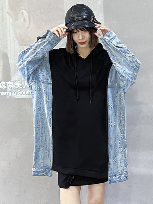 Original Stylish Loose Denim Split-Joint Hooded Long Sleeves Hoodies